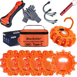 Markstor Led Road Flares 6 Pack LED Flares Emergency Kit, USB Recharge Amber LED Flares Warning Light with Magnetic, Roadside Safety Disc Flares Kit with Breaker,Whistle for Vehicle (6 Pack Parts)