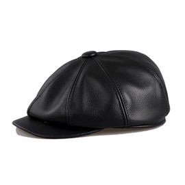 BOONJOVIA Men's Newsboy Flat Cap 100% Genuine Cowhide Leather Gatsby Ivy Golf Cabbie Hat (US, Alpha, Large, Black)