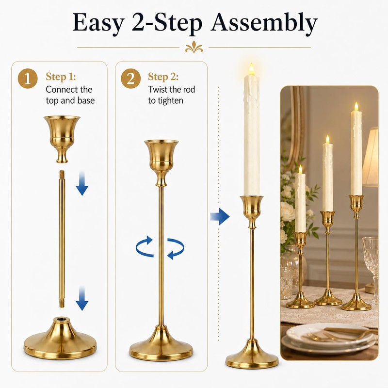 CMTDRE Candlestick Holder Set of 3, with 3 Flameless Candles