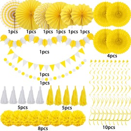 ZERODECO Party Decorations, 41 Pcs Yellow Papar Fans Pompoms Garlands String Tissue Paper Tassel for Graduation Congrats Grad New Years Spring Festival Wedding Birthday Party