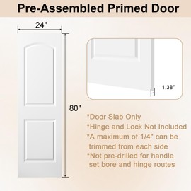 JUBEST 24"x80" Raised 2-Panel White Primed Hollow Core Interior Molded Door Slab with Arch Design, NOT Pre-drilled and NOT Included Hardware, Round Top Smooth Paintable Interior Door
