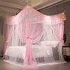 VETHIN 4 Corners Post Ruffle Princess Bed Canopy Curtain-Double Layer