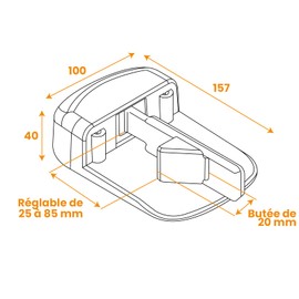 Black polyamide shoe height 40 mm for swing gates - Automatic stop with manual clips - Adjustable thickness depending on the gate - Made in France
