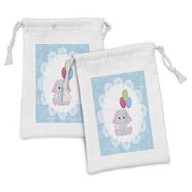 Ambesonne Animal Cartoon Fabric Pouch Set of 2, Stars with Ornate Motifs Animal in Circle Holding Balloons, Small Drawstring Bag for Toiletries Masks and Favors, 9" x 6", Multicolor