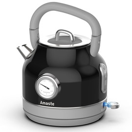 Amaste Electric Kettle, Retro Electric Tea Kettle With Thermometer, 57 Oz Hot Water Kettle For Coffee & Tea, 304 Stainless Steel, 1500w Fast Boiling, Auto Shut-Off & Boil Dry Protection, Black