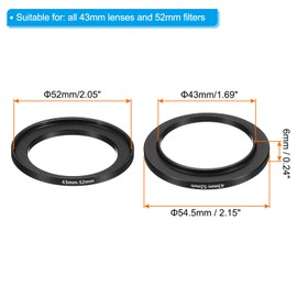 PATIKIL 43mm-52mm Metal Step Up Ring, 2 Pack Camera Lens Filter Adapter Ring Aluminum Filter Adapter Ring for Camera Lenses Hood, Black