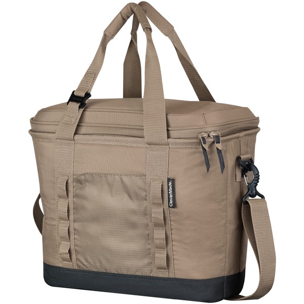 CleverMade Pacifica Cooler Bag; Soft Sided Insulated, Collapsible Leakproof 30 Can Lunchbox with Bottle Opener & Shoulder Strap, Made From Recycled Materials, Khaki