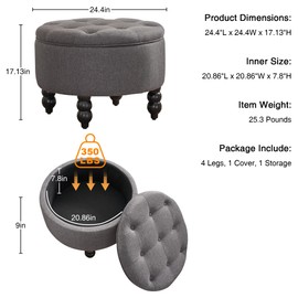 FOREDO 24 Inch Fabric Round Ottoman with Storage, Upholstered Button Tufted Ottoman Coffee Table with Removeable Top, Ottoman Foot Rest for Living Room, Bedroom, Dark Grey