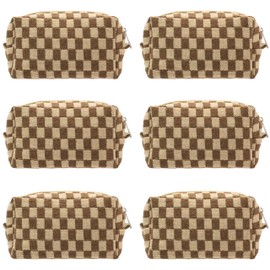 PAZIMIIK Checkered Makeup Bag for Purse Portable Zipper Make Up Pouch Small Cosmetic Case for Travel Accessories (6PCS Coffee)