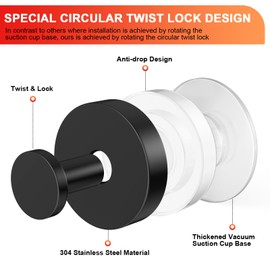 Suction Cup Hooks for Shower: No Drill Stainless Steel Towel Hooks for Bathroom Wall, Kitchen, Glass, Mirror, Tile - Suction Cup Wreath Hanger Holder for Hanging Towels, Robes, and Loofahs (2, Black)