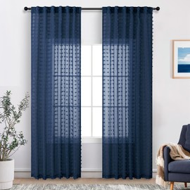 Navy Blue Sheer Curtains 84 Inches Long for Living Room Pom Pom Modern Boho Voile Drapes Window Semi Sheer Transparent Dark Blue Sheer Curtain for Bedroom Boys Kids Room 2 Panels Back Tab 52x84 Length