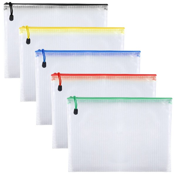 KUUQA 5 PCS A4 Plastic Mesh Zipper Bags Mesh File