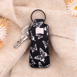 DMLSKY Lip Balm Holder Keychain, Sleeve Pouch for Mini Lipstick, Cute Portable Key Chain Accessories for Lip Balm, Lip Gloss or Lipstick （Flowers & Bee）