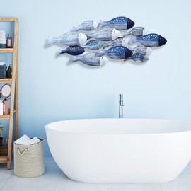 Coastal Metal Fish Wall Decor, 50"x20" 3D Hand-Painted School of Fish Sculpture – Nautical Ocean Wall Art for Living Room, Bedroom, Bathroom, Patio or Office