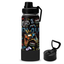 Game Gifts for Kids - 18oz Gamer Water Bottle with Straw & 2 Lid, Game Play Kids Stainless Steel Water Bottle, Insulated, Leak Proof, BPA-Free, for School, Travel, Gamer Gift Cup for Boys Girls