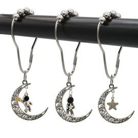 Kinwot Astronaut Shower Curtain Hooks for Bathroom Shower Rod, Rust-Proof Stainless Steel Shower Curtain Rings for Shower Curtain & Liners with Fun Pendant Space Moon Theme Bathroom Decor, Set of 12