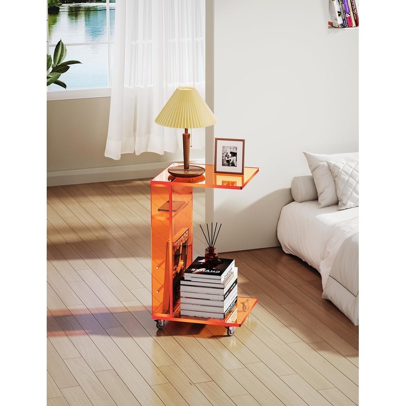 Clear Acrylic Side Table on Lockable Wheels, C Shaped End