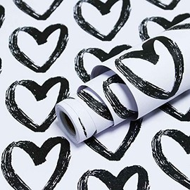 Timeet Modern Heart Wallpaper Peel and Stick Wallpaper Self Adhesive Wallpaper 17.7"x78.7" Black White Contact Paper Vinyl Removable Wallpaper Decorative for Bedroom Living Room Bathroom