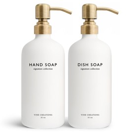 Vine Creations White Glass Soap Dispenser Set, Dish Soap and Hand Soap Dispenser Set with Stainless Steel Pump, 16 oz Glass Dispensers for Kitchen or Bathroom Decor (Matte White Bottle/Brushed Brass)