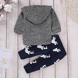 Trsenvrml Newborn Baby Boy Clothes Set Infant Deer Pattern Long Sleeve Hoodie Top Drawstring Pants Outfits (Grey, 12-18 Months)