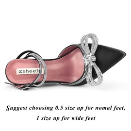 Zzheels Women's Double Bow Pointed Toe Ankle Strap Crystal Pumps Slingback Lace-up Shoes for Party Dating Black US8