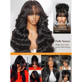Julia Hair Bye Bye Knots Curtain Bangs Wig Glueless Fluffy Natural Loose Wave Pre Cut 7x5 HD Lace Front Wigs Invisible Pre Plucked Pre Everything Body Wave Put on and Go Wig for Women 16 Inch