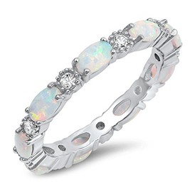 Clear CZ Oval White Simulated Opal Ring Sterling Silver Stackable Love Band Size 6