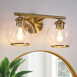 Mecgirn Brushed Gold Bathroom Vanity Light Over Mirror, 2 Light Bathroom Light Fixtures with Clear Globe Glass Shade, Modern Vanity Lighting Wall Mounted