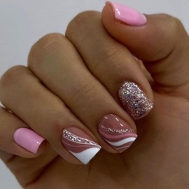 Short Fake Nails Square Press on Nails Short Acrylic Nails Full Cover False Nails with French Lines Glitter Sequins Designs Glossy Glue on Nails for Women 24 Pcs