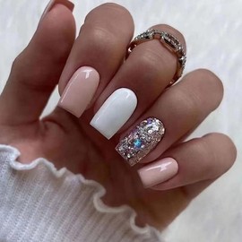 Press On Nails - Short Long Almond Square Ballet Shape, Stick On Nails with Nail Glue, False Nails with Glue on 24PCS (Pink White Glitter)