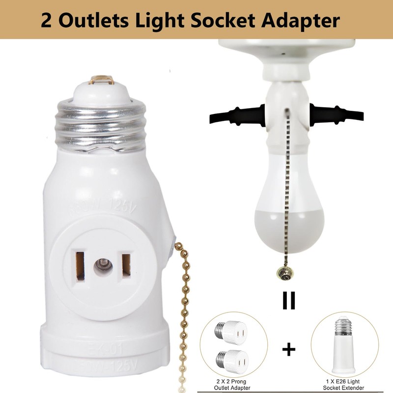 QMTSINEW 2-Pack E26 Socket Outlet Adapter with Pull Chain Switch,