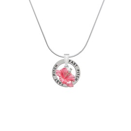 Delight Jewelry Silvertone Hot Pink Hibiscus Flower - Fast Pitch Ring Charm Necklace, 18"
