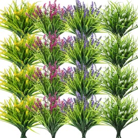 Tigeen 48 Bundles Artificial Monkey Grass with Flowers False Outdoor Flowers UV Resistant Plastic Artificial Plants Fake Shrubs Greenery Bushes for Hanging Planter Garden(Multi Colors)