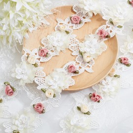 letsinstyle Embroidered Flower Lace Trims, Decorating Sewing Floral Ribbon for Wedding Decorations, Bridal Ornaments Handmade DIY Sewing Supplies for Wedding Dress Hand Crafts Garment Accessories