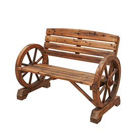 LOKATSE HOME Outdoor Wooden Wagon Wheel Bench Rustic Loveseat Chair Patio Furniture for Garden, Backyard, Natural