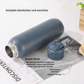 IOLOYU Stainless Steel Drinking Bottle with Straw Thermos Flask Sports Water Bottle 600 ml Thermos Bottle Stainless Steel Bottle Leak-Proof Thermal Bottle Metal Insulated Bottle with Carry Handles