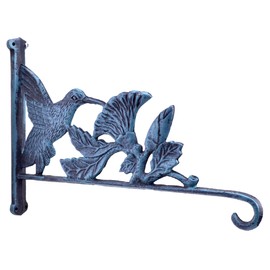 Hummingbird & Flowers Plant Hanger Flower Basket Hook Verdigris Cast Iron 12.5" Deep
