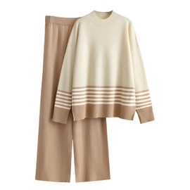 Tanming Women's Lounge Sets 2 Piece Outfits Knitted Pullover Sweater Tops Wide Leg Pants Tracksuit (LightKhaki-XL)