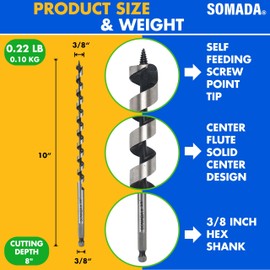 SOMADA 3/8-Inch x 10-Inch Auger Drill Bit for Wood, Quick Change Hex Shank 3/8-Inch, Ship Auger Long Drill Bit for Soft and Hard Wood, Plastic, Drywall and Composite Materials, SAQ-1010