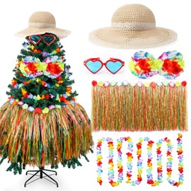 Suncalla 5 Pcs Christmas in July Tree Decorations, Hawaiian Luau Christmas Tree Decoration Kit with Straw Beach Hat Floral Bikini Grass Trees Skirt & Heart Sunglasses Tropical Summer Party Decor