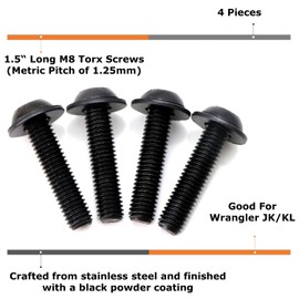 iJDMTOY 4-Set OEM Spec 1.5-Inch Extra Long M8 Torx w/Washers Compatible with Jeep Wrangler JK JL Installing LED Pods, LED Light Bar On Windshield A-Pillar, Hinge, Hood, Side Door, Bumper, etc