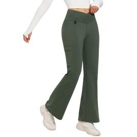 baleaf Women's Fleece Lined Pants Hiking Winter Outdoor Thermal Sweatpants Waterproof Flare Leggings Water Resistant Pants with Pockets Green 2XL