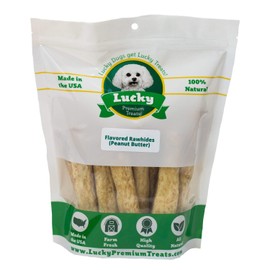 Lucky Premium Treats Peanut Butter Basted Rawhide – All-Natural Rawhide and Peanut Butter Dog Treats for Medium Dogs, Gluten Free Premium Medium Dog Treats (16 Chews)