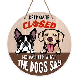 Bolisom Keep Gate Closed Dogs Front Door Sign, Golden Retriever Boston Terrier Pet Wood Door Hanger Outdoor Outside Porch Decor, Funny Farmhouse Wooden Wreath Indoor Wall Hanging Decoration