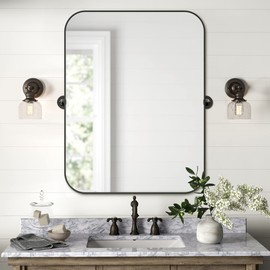 NeuType Bathroom Mirrors for Wall, Farmhouse Mirror Wall Mirror Pivot Bathroom Mirror for Entryways Living Rooms Metal Frame, Round Corner, Matt Black 23"x 32"