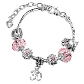 30th Birthday Sparkly Pink Crystal and Silver Plated Adjustable Celebration Charm Bracelet with Gift Box for Women 30th Birthday Gifts