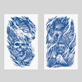 Oottati 2 Sheets Semi Permanent Waterproof Temporary Tattoos, 2 Weeks Long Last, 100% Plant-Based Ink Infinity Realistic Stickers, Roar Wolf Indian Skull Flower