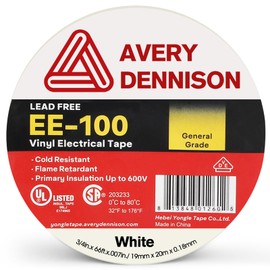 Avery Dennison Electrical Tape, General Use PVC Electric Tape, UL/CSA Listed Insulating Vinyl Tape for Electrical, Repairs, Automotive and Equipment, EE-100, ¾ in x 66 ft, White, 1 Roll