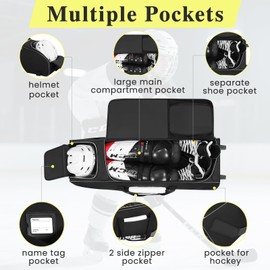 JMIANeodark 32-Inch Hockey Bag with Wheels, Large Ice Hockey Duffel Travel Bag for Equipment & Gear, with Separate Shoe Compartment (Black)