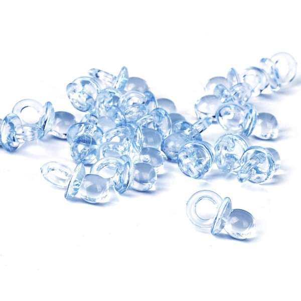 homiki 50 Mini Dummy Decorations for Baby Shower Christening Dummy Charm Crystal Pendant, Plastic, Blue, Small